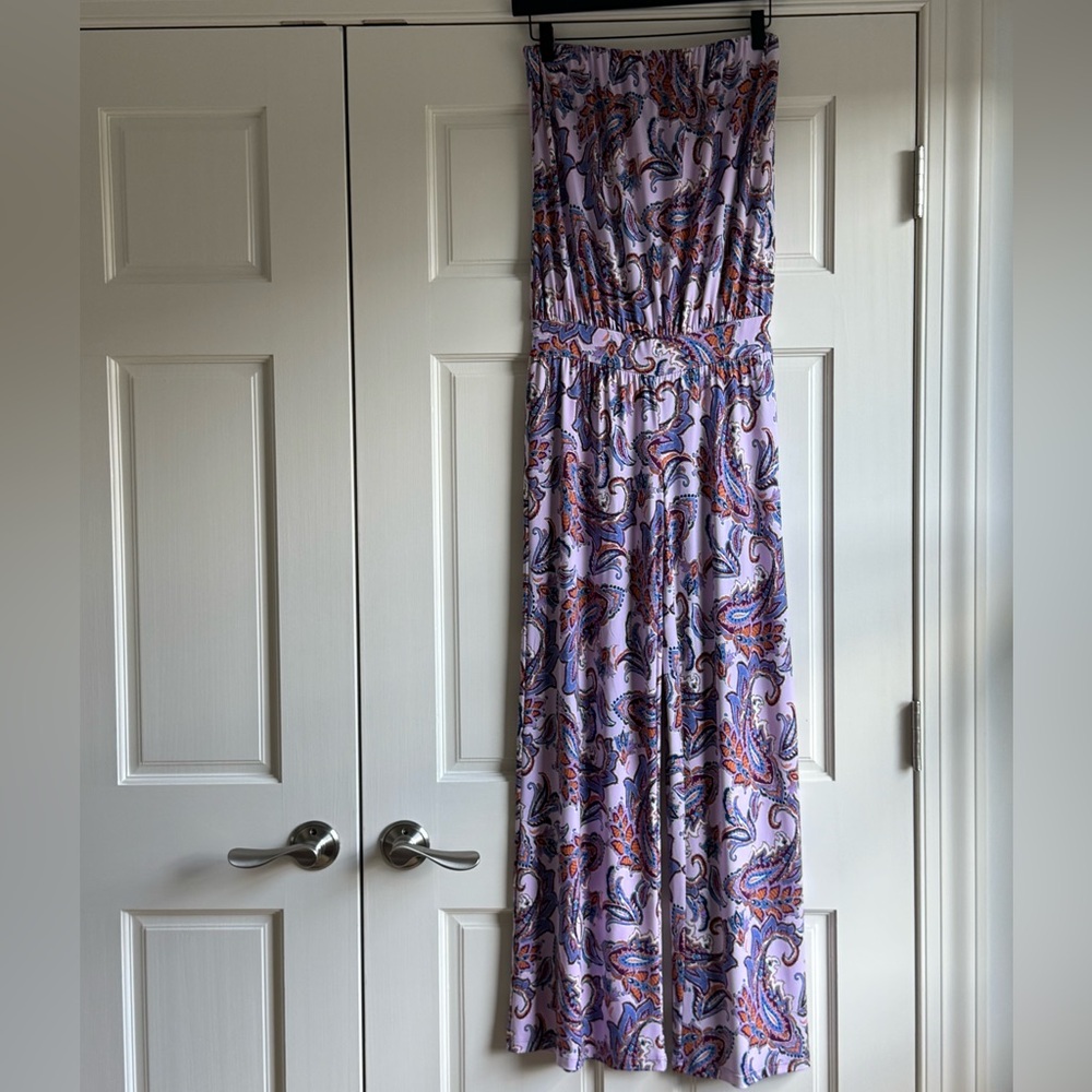 Veronica M Purple/Paisley Long Pant Strapless Jumpsuit